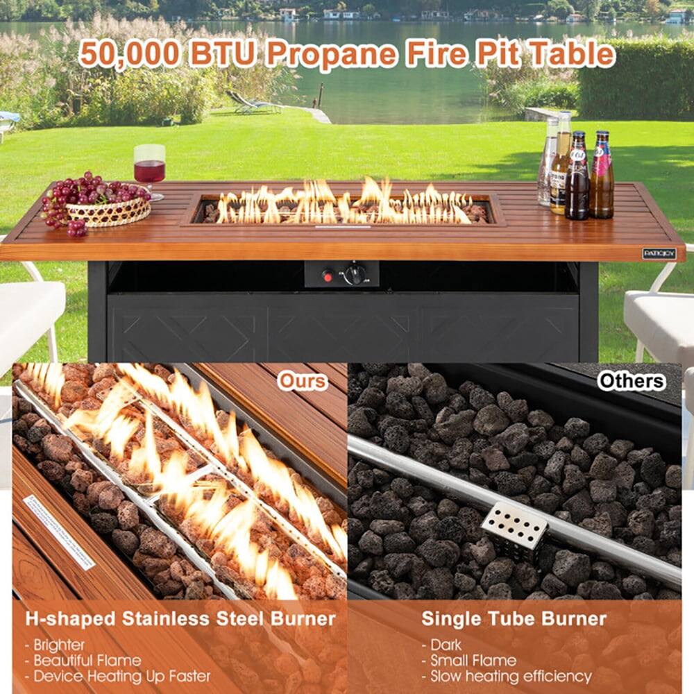 50,000 BTU Propane Fire Pit Table

**Ours**
- H-shaped Stainless Steel Burner
  - Brighter
  - Beautiful Flame
  - Device Heating Up Faster

**Others**
- Single Tube Burner
  - Dark
  - Small Flame
  - Slow heating efficiency