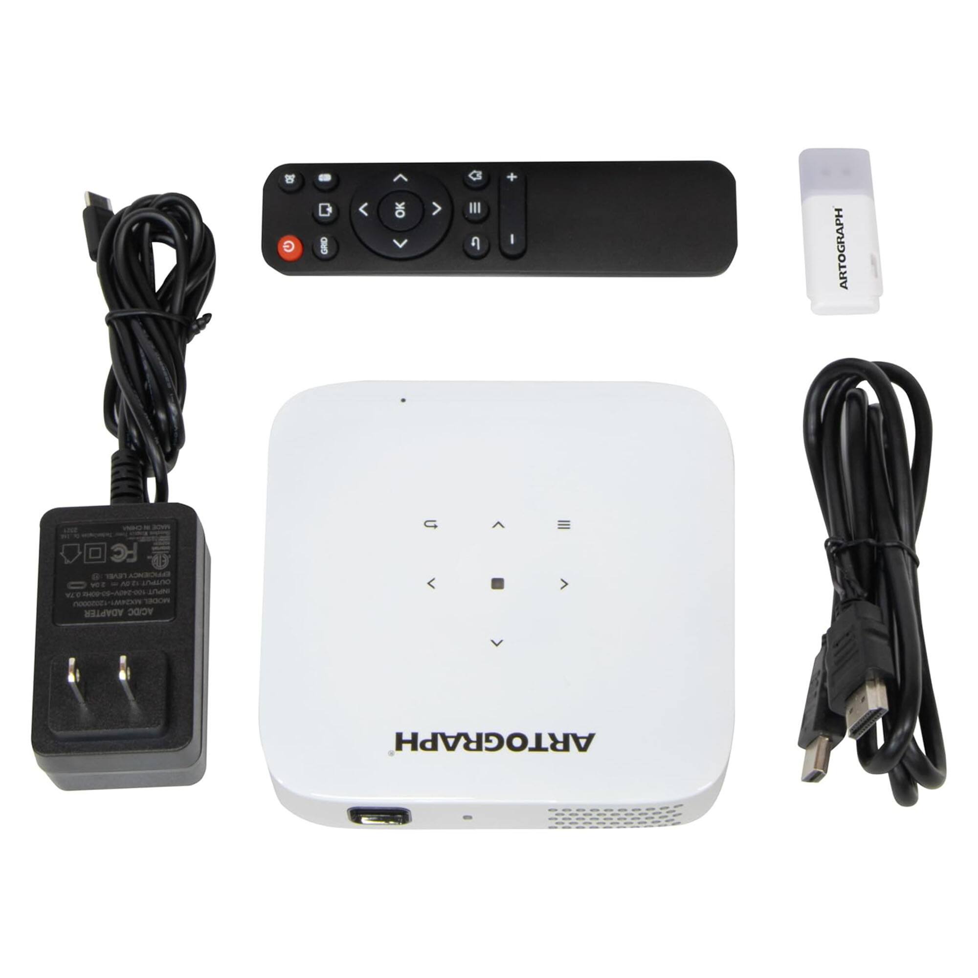 Here is the corrected and grouped text from the image:

**Front of the Device:**
- ARTOGRAPH

**Back of the Device:**
- ARTOGRAPH

**Power Adapter:**
- AC/DC Adapter
- Input: 100-240V~50/60Hz 0.5A
- Output: 12V 2A
- Made in China

**USB Adapter:**
- ARTOGRAPH

**Remote Control:**
- (No visible text)

**Cables:**
- (No visible text)