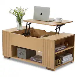 Skyzoo - Lift Top Coffee Table with Hidden Compartment & 5 Open Storage Shelves for Living Room - Oak