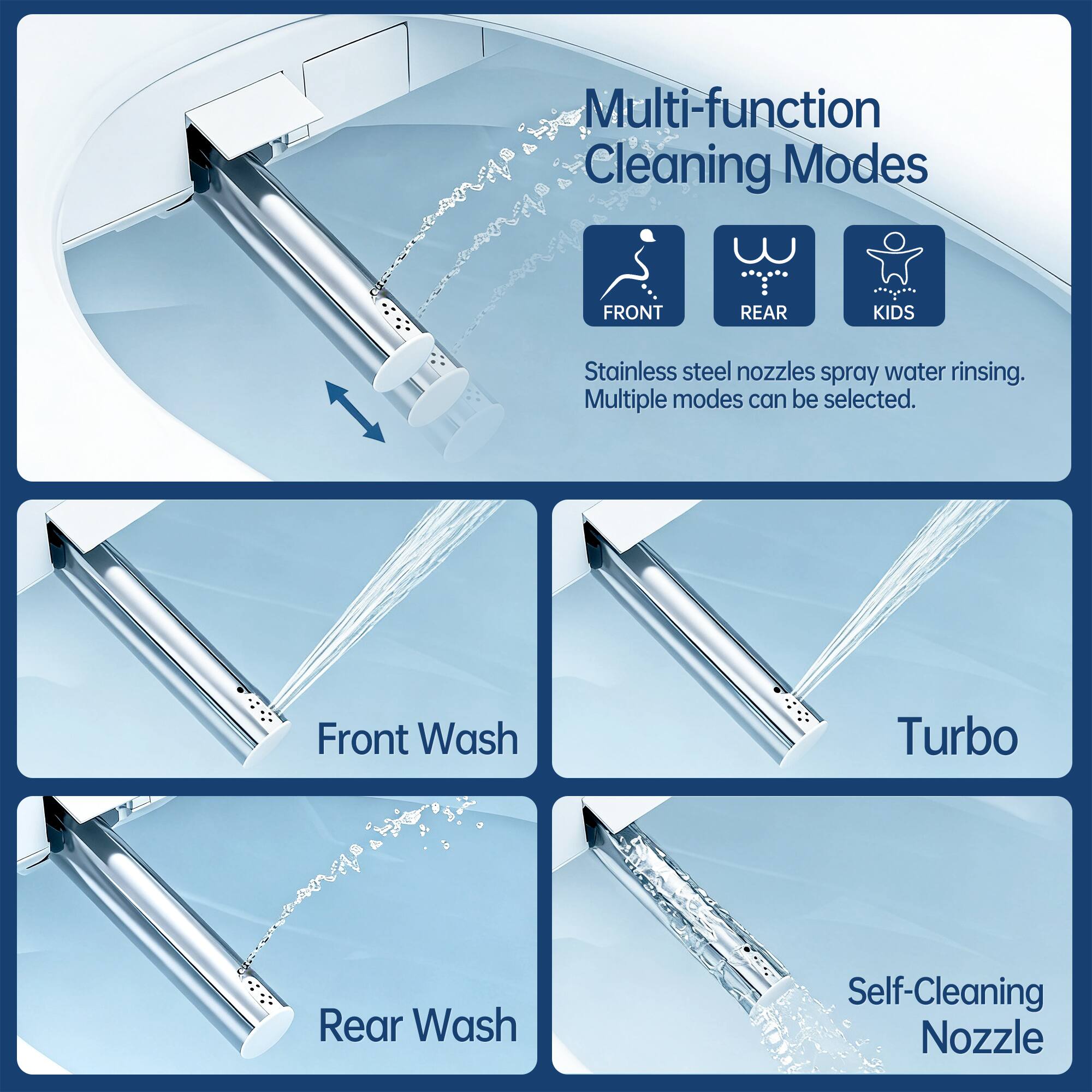 Multi-function Cleaning Modes

Stainless steel nozzles spray water rinsing. Multiple modes can be selected.

- FRONT
- REAR
- KIDS

Front Wash
Turbo
Rear Wash
Self-Cleaning Nozzle