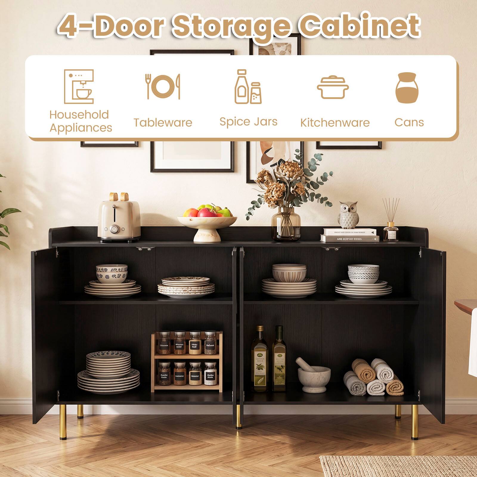 4-Door Storage Cabinet Household Tableware Appliances Spice Jars Kitchenware Cans