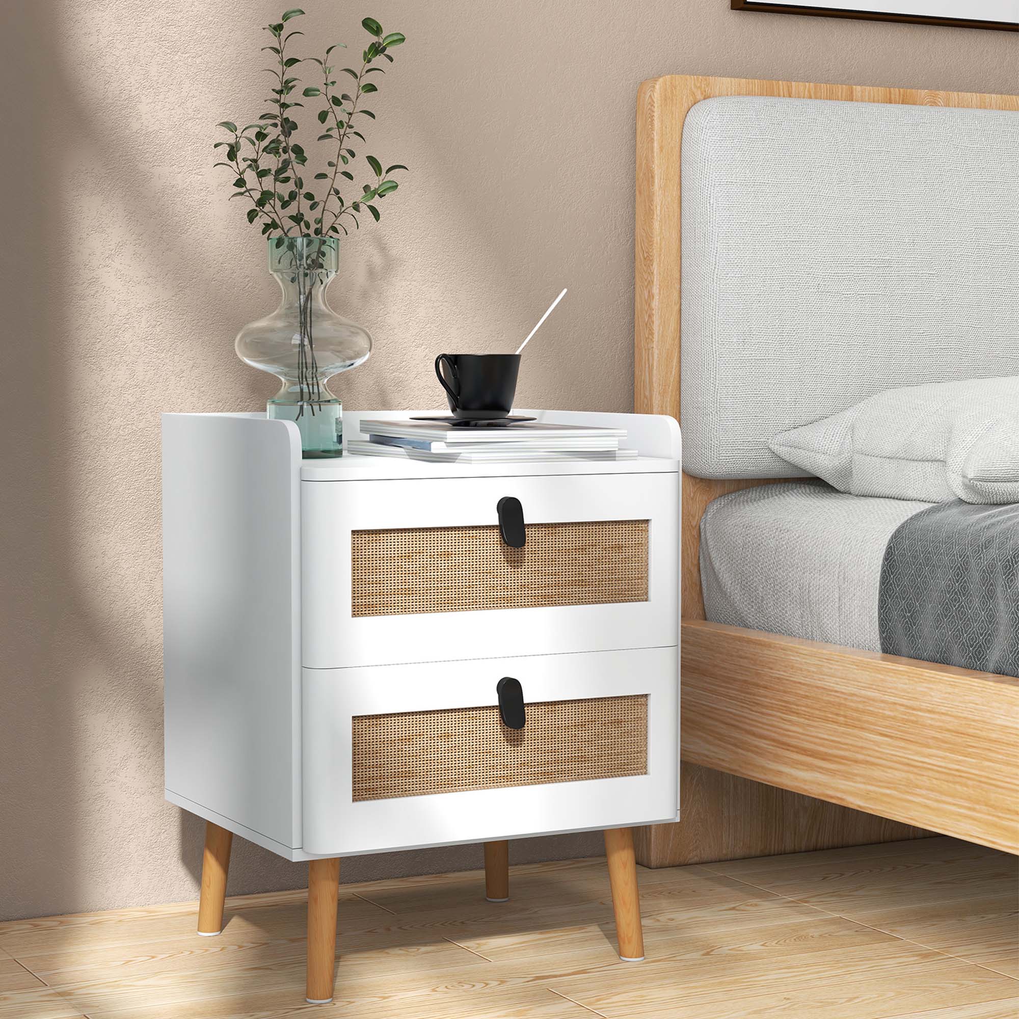 Alt View 11. Costway - 1 PC Modern Nightstand End Bedside Table with 2 Rattan Drawers & Solid Wood Legs - White/Natural.