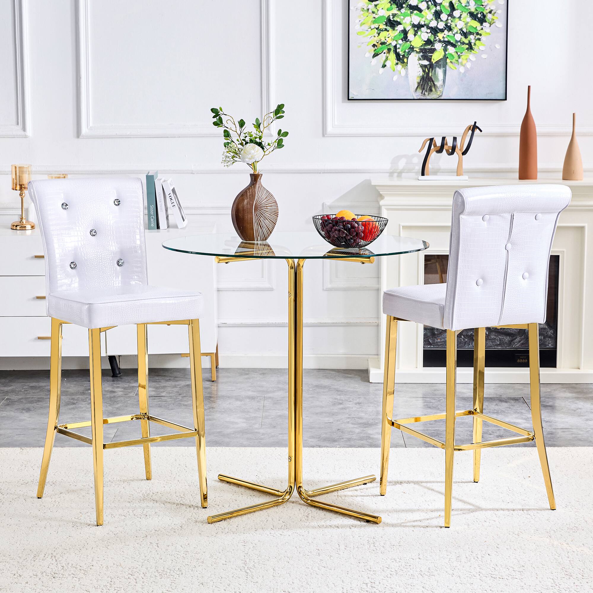 Angle. Anysun - Set of 2 Vintage Crocodile Leather Bar Chairs with Crystal Clasp, Faux Leather Fixed Stools for Home or Restaurant - White,Gold.