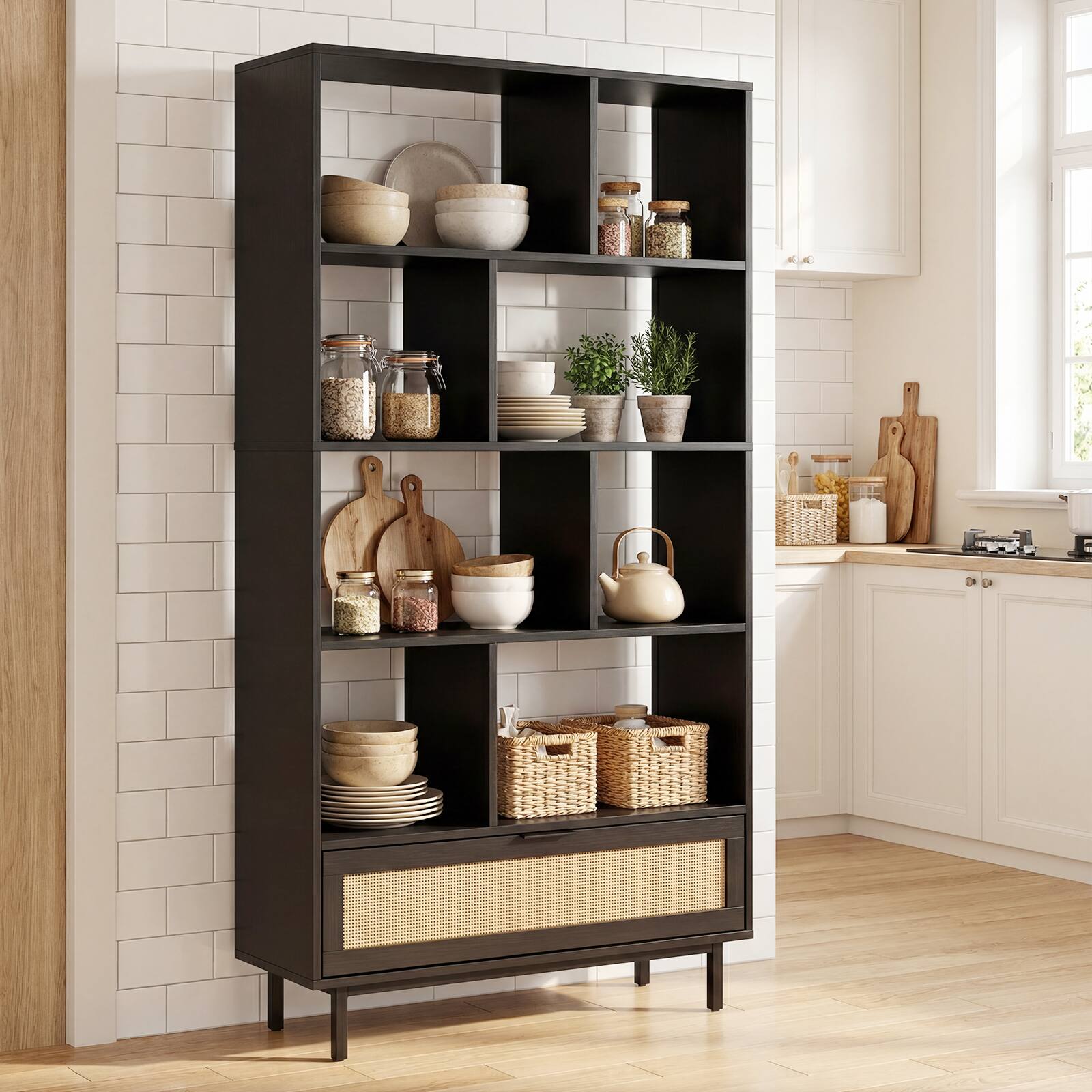 Alt View 1. Costway - Costway Wooden Bookcase,6-Tier Bookshelf with 8 Open Cubes, Rattan Drawer & Metal Legs - Black.