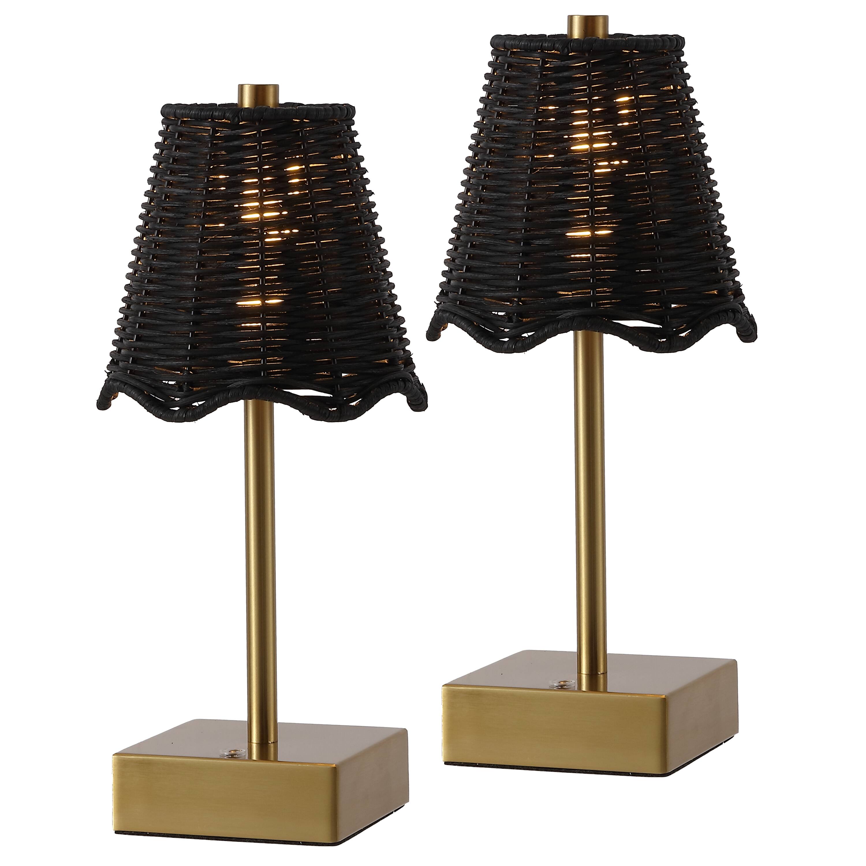 Front. Jonathan Y - Willow 11" Coastal Bohemian Cordless Rechargeable Table Lamp Set of 2, Brass Gold with Black Rattan Shade, Touch Dimmer - Brass Gold.