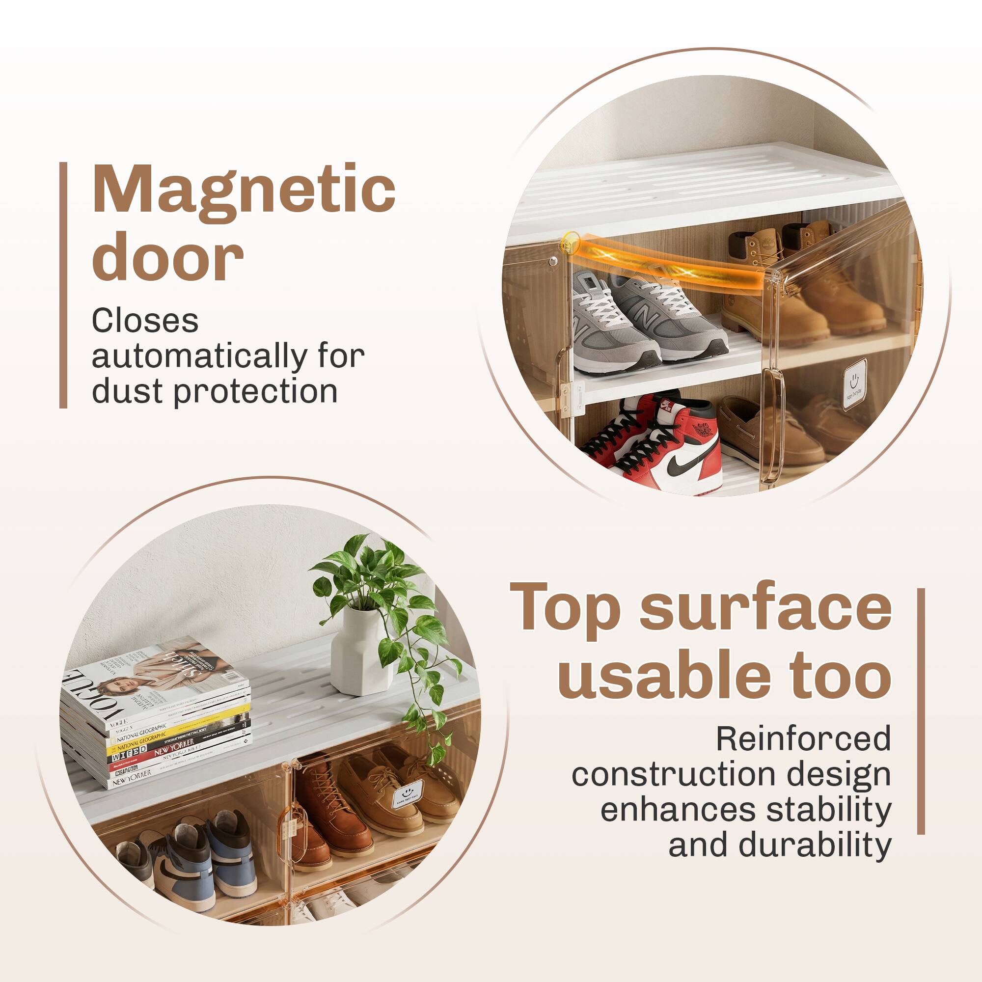 Magnetic door  
Closes automatically for dust protection  

Top surface usable too  
Reinforced construction design enhances stability and durability