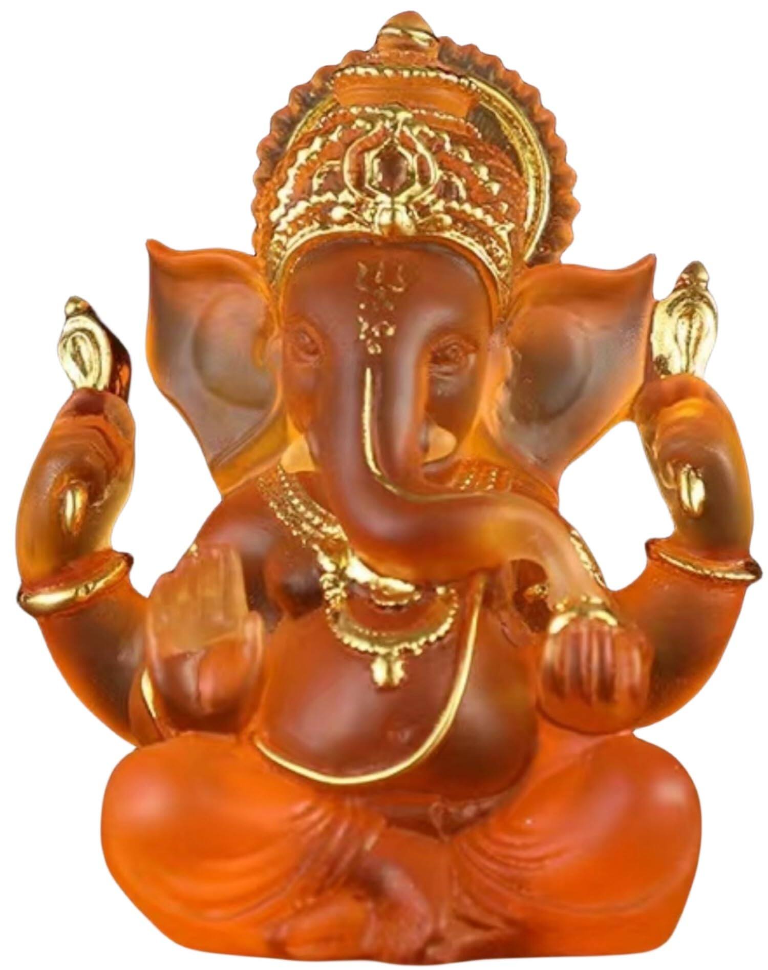 Alt View 7. Refined Abode Design - God Lord Ganesha Statue Orange Lmitation Glass Hindu Elephant Ganpati Idol Buddha Sculptures Gift Home Temple.