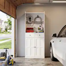 Front. Famapy - Modern Garage EV Charger Storage Cabinet with Cable Hooks, 2 Drawersr for Tools and Charging Station - White.