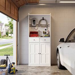 Famapy - Modern Garage EV Charger Storage Cabinet with Cable Hooks, 2 Drawersr for Tools and Charging Station - White