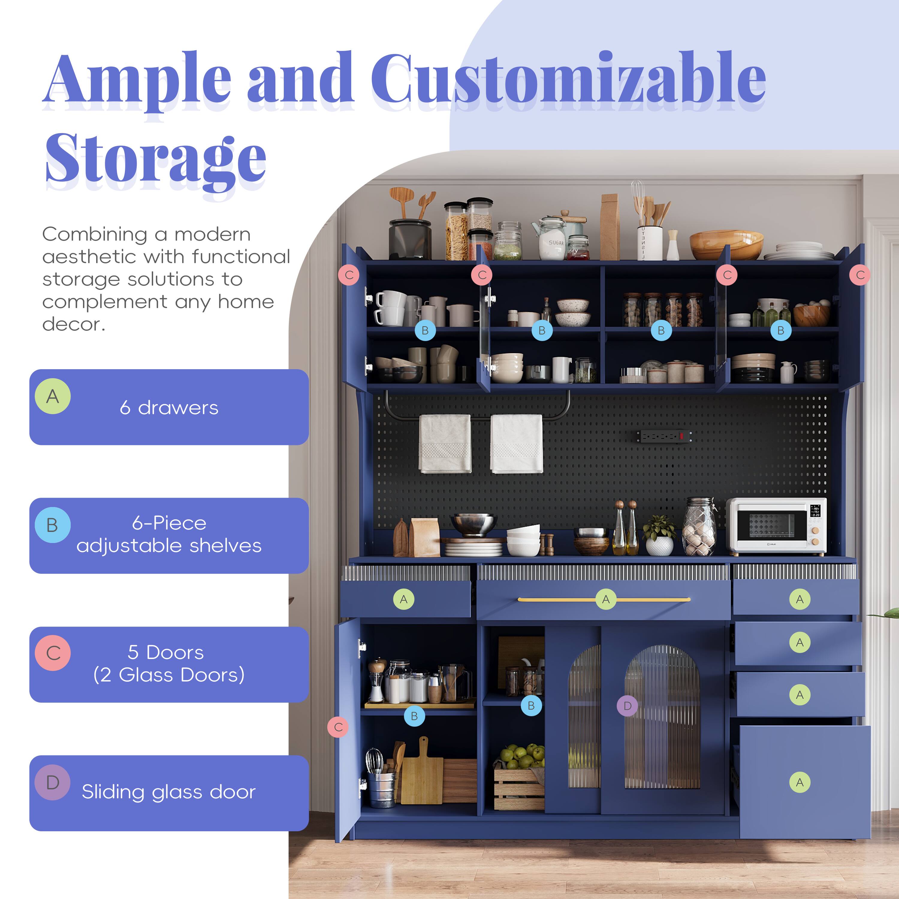 Ample and Customizable Storage

Combining a modern aesthetic with functional storage solutions to complement any home decor.

- 6 drawers
- 6-Piece adjustable shelves
- 5 Doors (2 Glass Doors)
- Sliding glass door