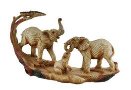 Zeckos - Elephant Family Safari Carved Wood Look Decorative Statue - Beige