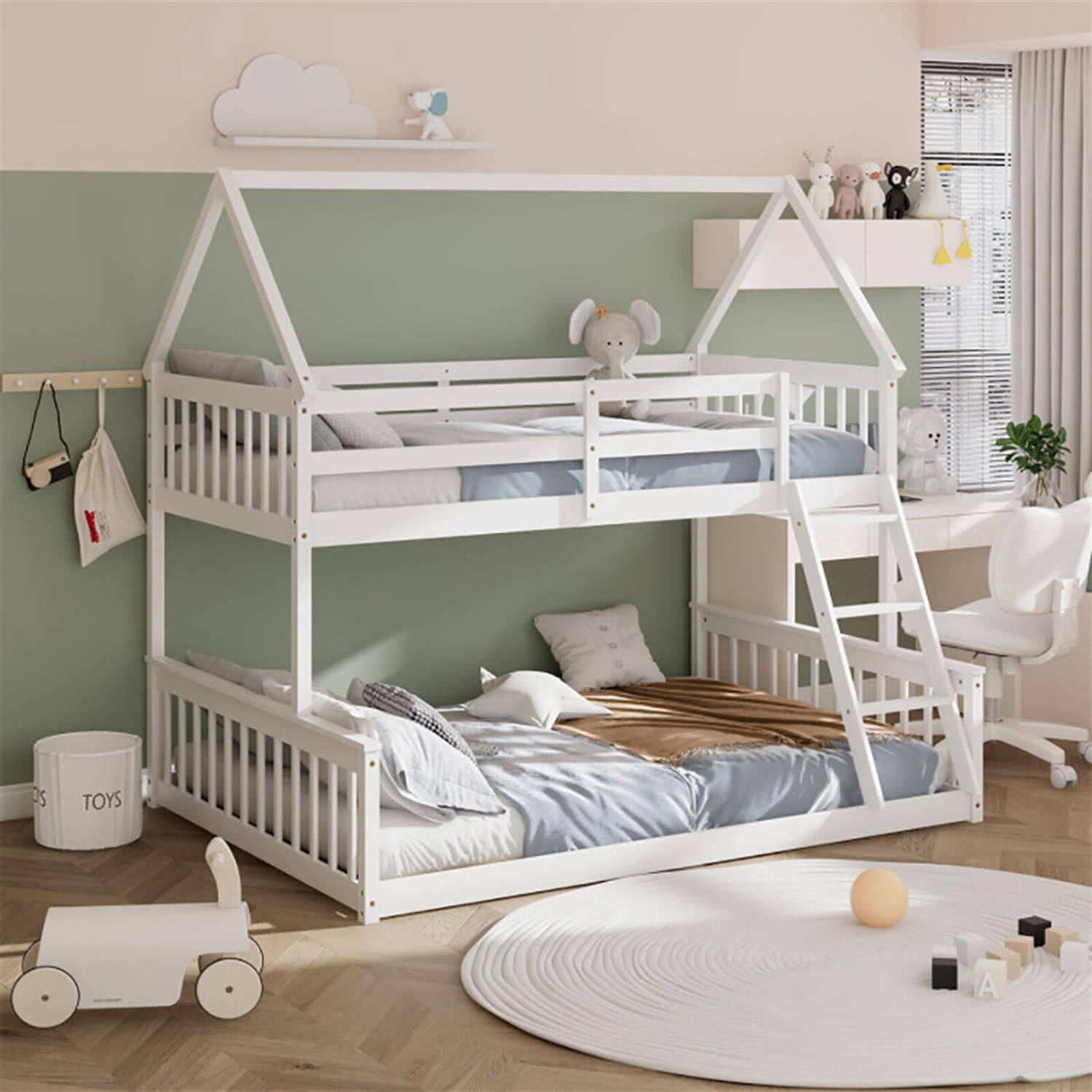 Left. Pefilos - Twin Over Full Bunk Bed with Ladder and Guardrails, House Twin Bunk Beds, Bed Frame - White.