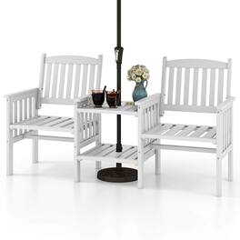 Costway - Outdoor Fir Wood Loveseat with 2-Tier Side Table and 1.96" Umbrella Hole - White