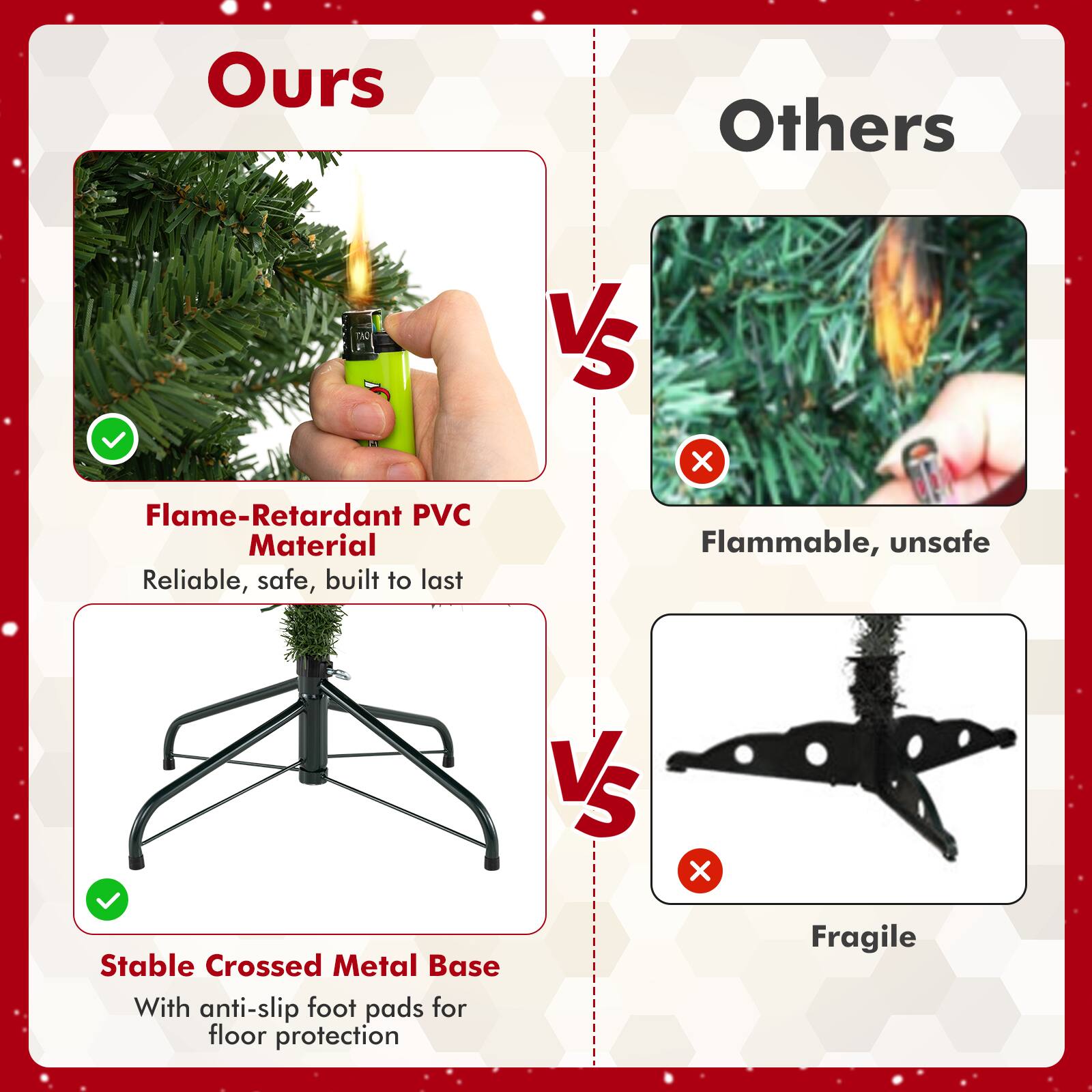 **Ours**

- Flame-Retardant PVC Material
  - Reliable, safe, built to last

- Stable Crossed Metal Base
  - With anti-slip foot pads for floor protection

**Others**

- Flammable, unsafe

- Fragile