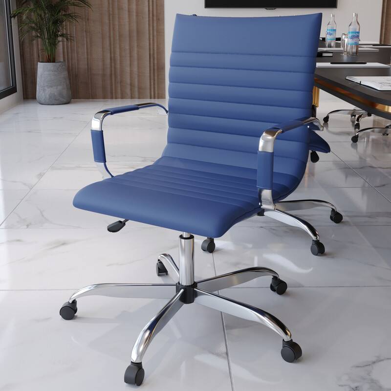 Angle. LeisureMod - Harris Mid-Back Leather Office Chair Adjustable Height Tilt Computer Task Chair with 360-Degree Swivel - Navy Blue.