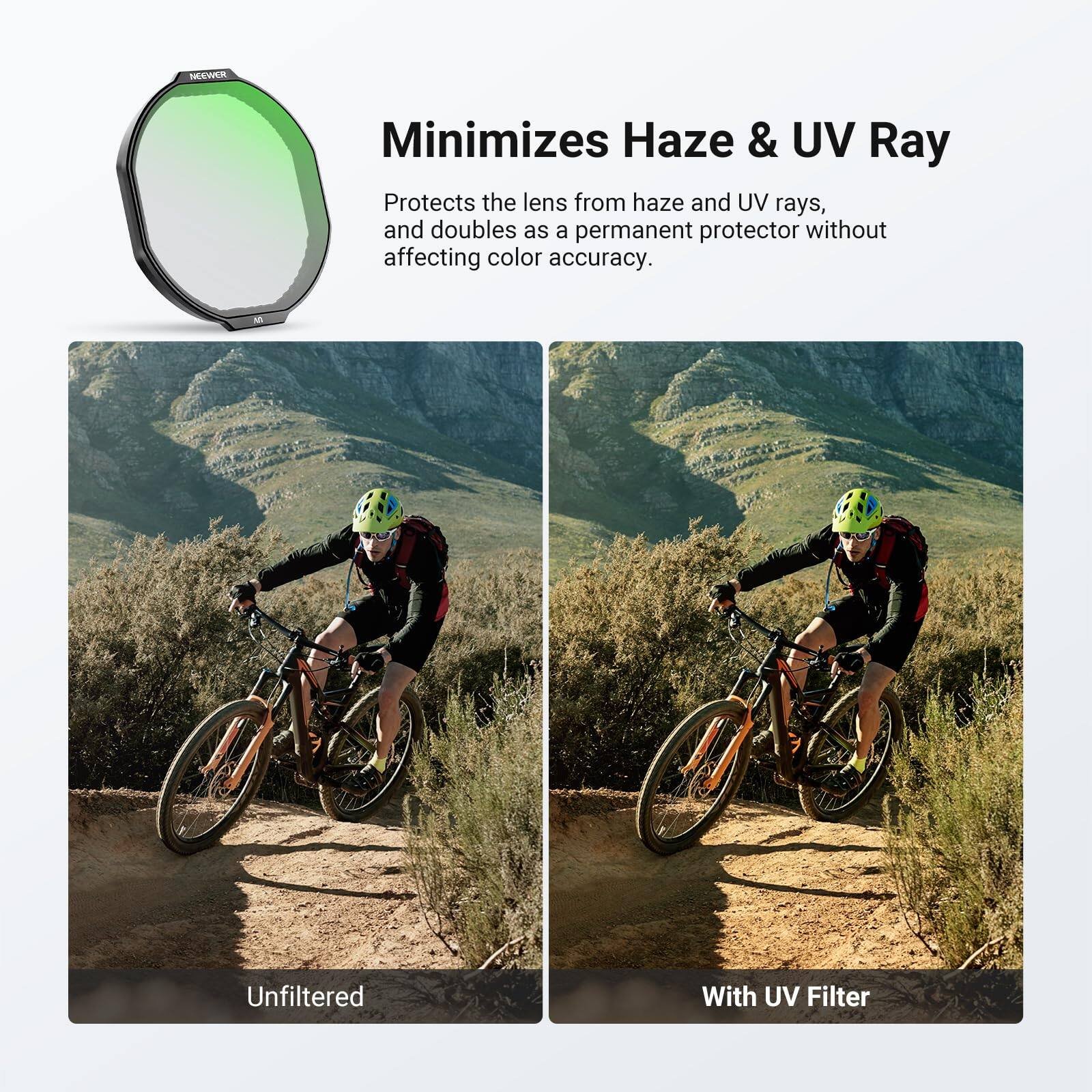 NEEWER Minimizes Haze & UV Ray  
Protects the lens from haze and UV rays, and doubles as a permanent protector without affecting color accuracy.

Unfiltered  
With UV Filter