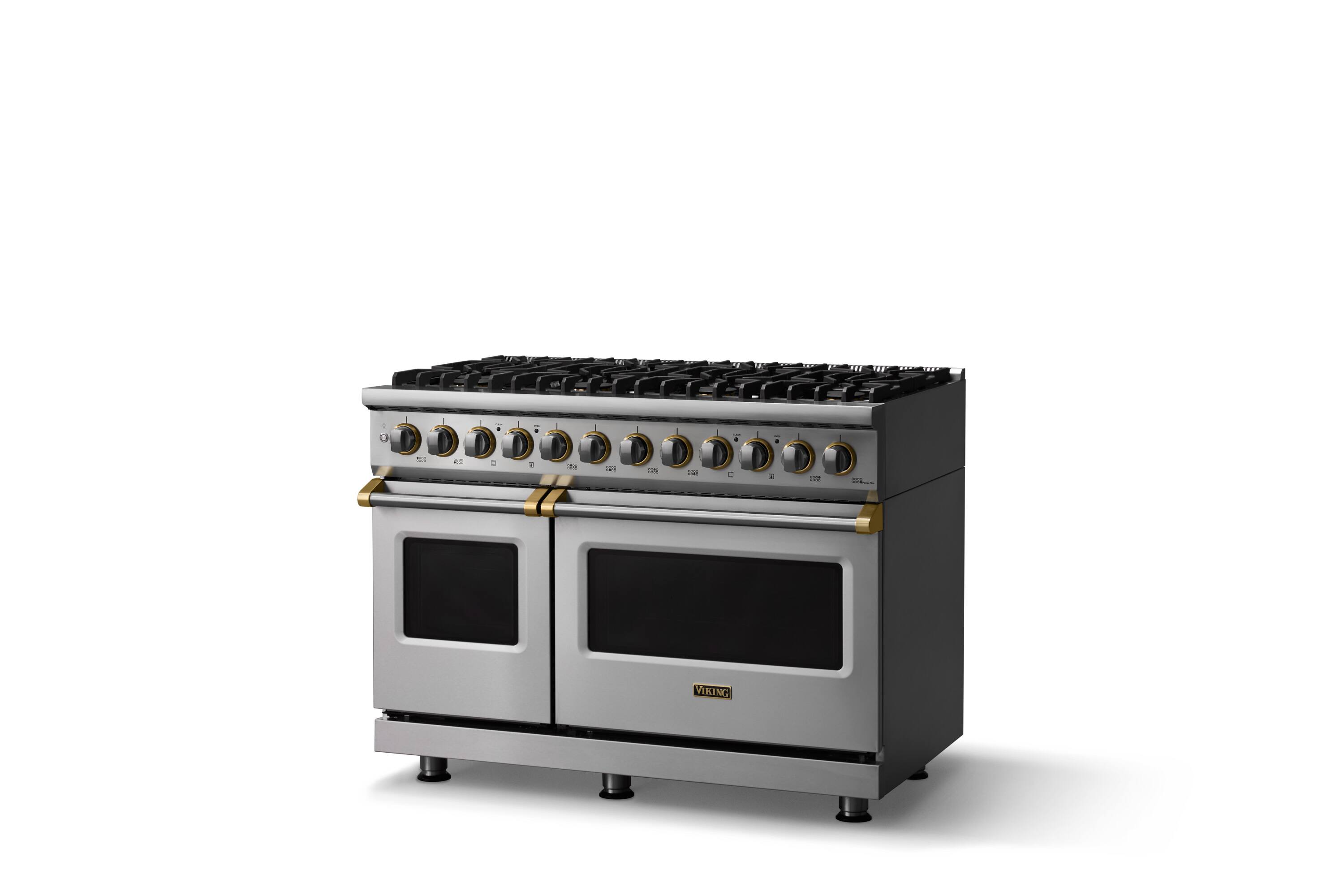 Angle. Viking - 48"W. Pro5S 7.3 Cu.Ft. Freestanding Self-Clean Sealed 8B LP Dual Fuel Convection Rng/Grdl-Stainless Steel/Brushed Brass - Stainless Steel.