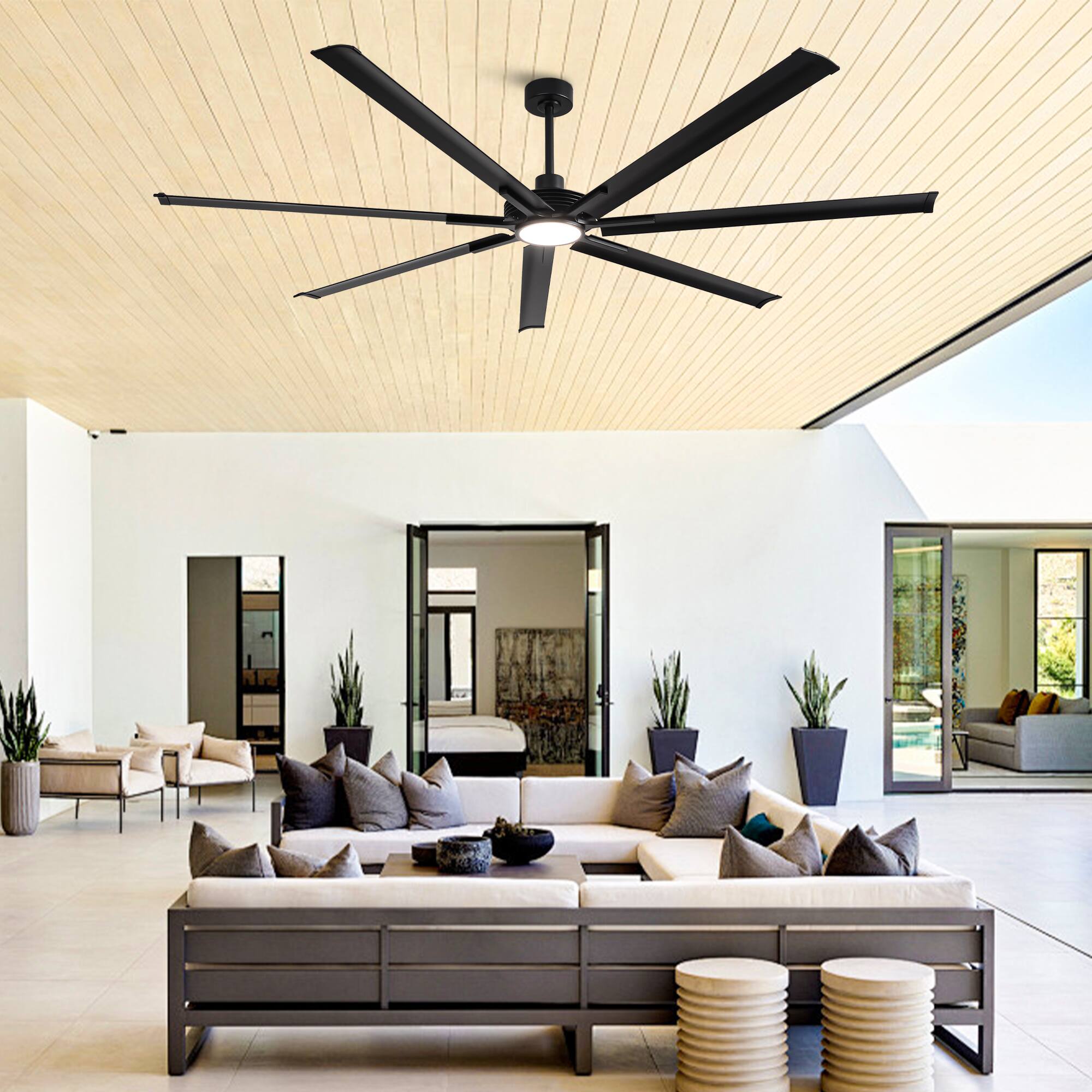 Left. Parrot Uncle - 100-inch Indoor/Outdoor Industrial Integrated LED Large Ceiling Fan with Light and 7 Aluminum Blades - Black.