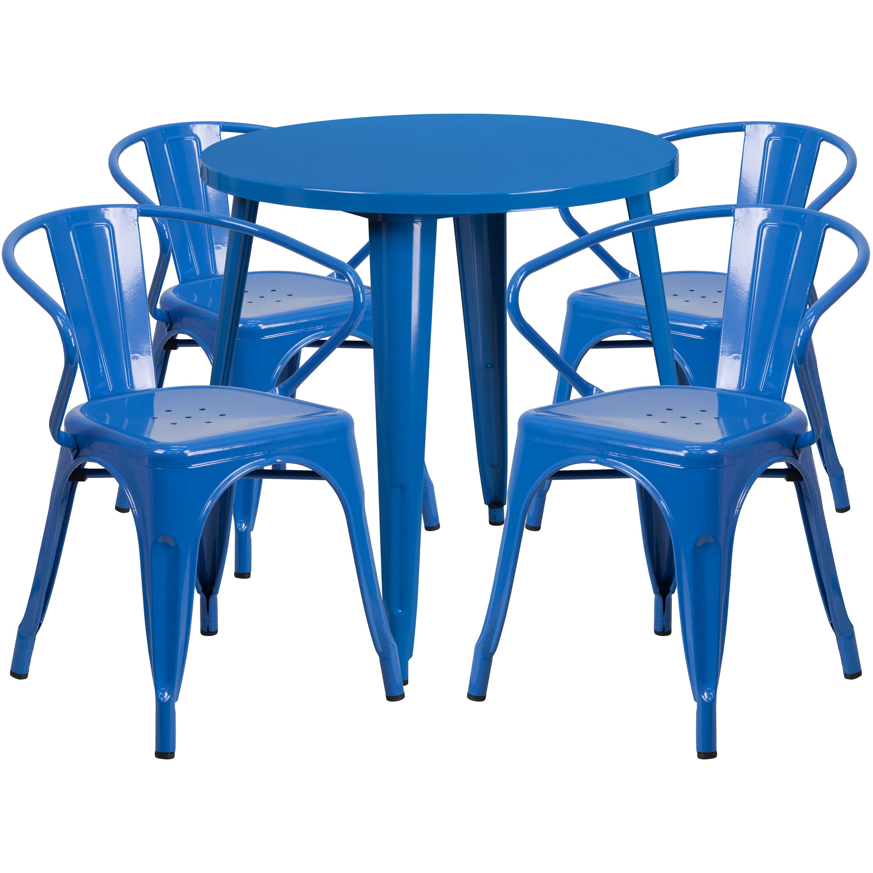 Alt View 1. Emma + Oliver - Commercial Grade 30" Round Metal Indoor-Outdoor Table Set with 4 Arm Chairs - Blue.