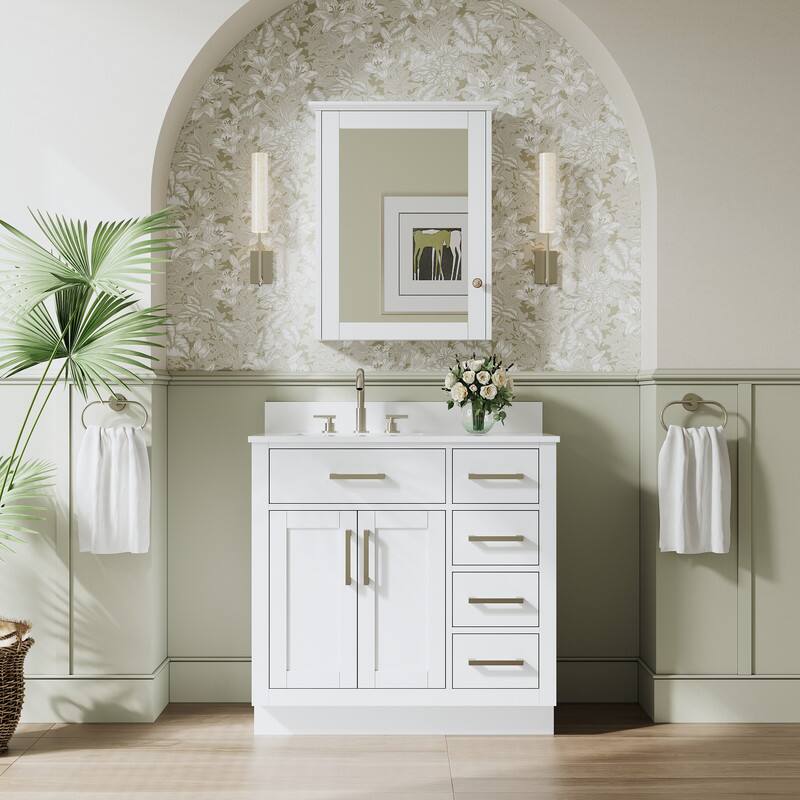 Back. WELLFOR - 36 in Solid Wood Bathroom Vanity with Sink,2 Soft-Close Doors,5 Drawers&Cultured Marble Countertop,Brushed Nickel Handle - White.