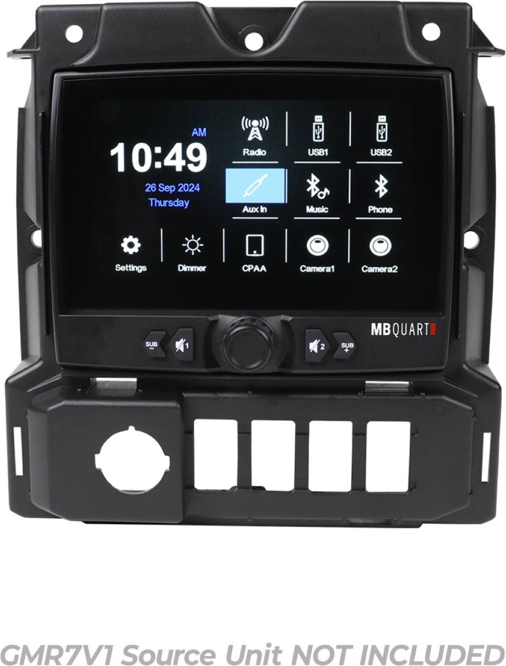The text on the image reads: "AM Radio 10:49 26 Sep 2024 Thursday Aux in USB1 Music USB2 Phone Settings Dimmer CPAA Camera1 Camera2 SUB 1 2 SUB MB QUART GMR7V1 Source Unit NOT INCLUDED."