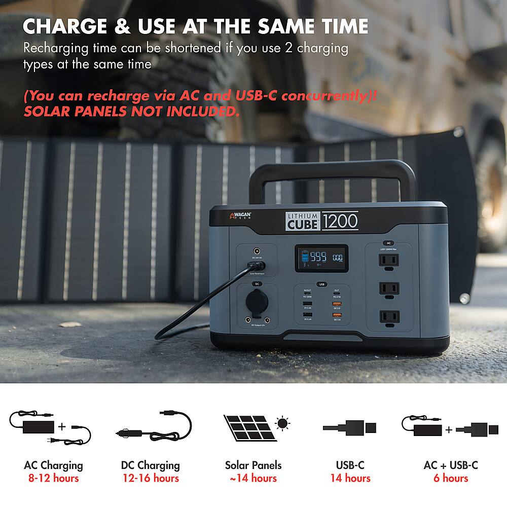 CHARGE & USE AT THE SAME TIME Recharging time can be shortened if you use 2 charging types at the same time (You can recharge via AC and USB-C concurrently)! SOLAR PANELS NOT INCLUDED. WACAN LITHIUM CUBE 1200 599 0H - use + AC Charging 8-12 hours DC Charging 12-16 hours Solar Panels ~14 hours USB-C 14 hours AC + USB-C 6 hours