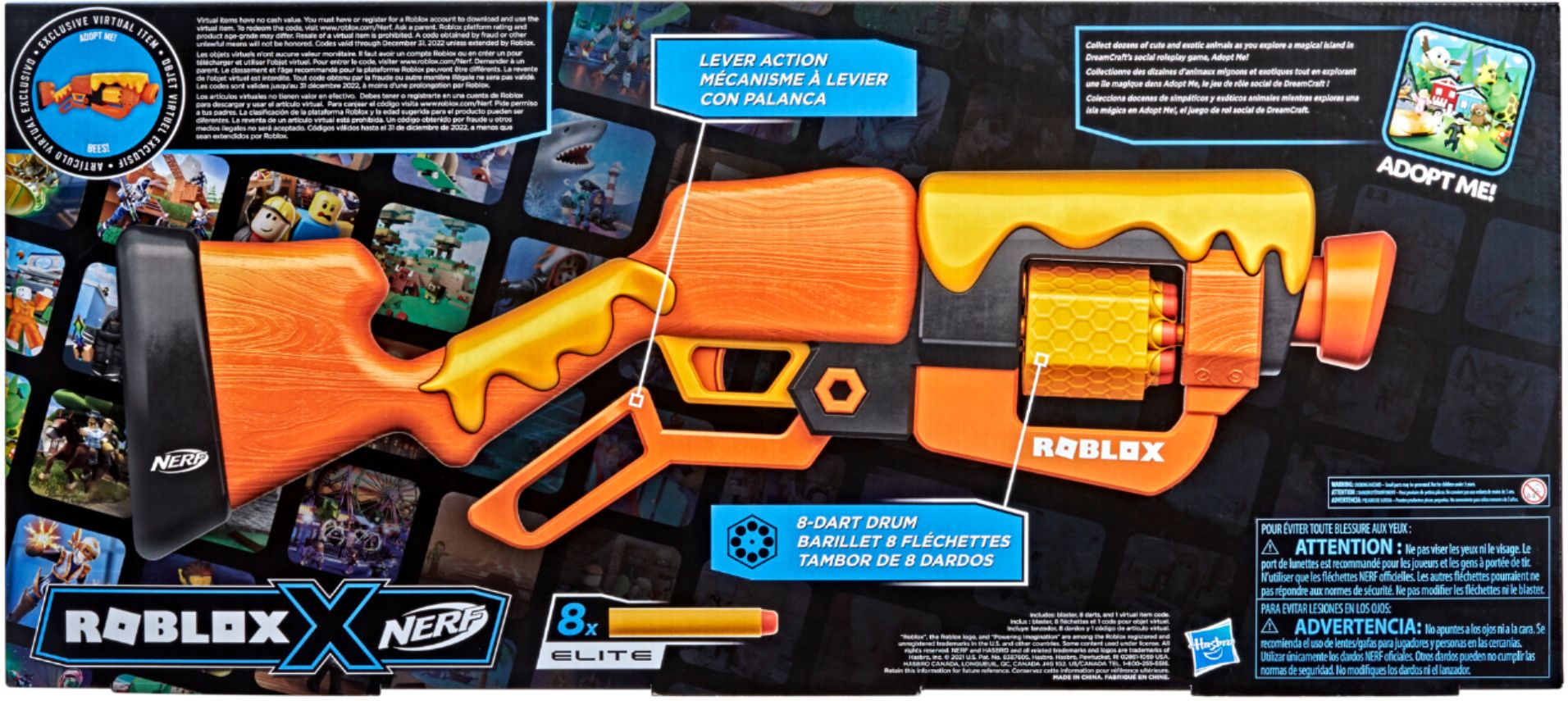 Nerf Roblox Adopt Me! BEES! Lever Action Blaster Gun with Rotating 8-Dart  Drum