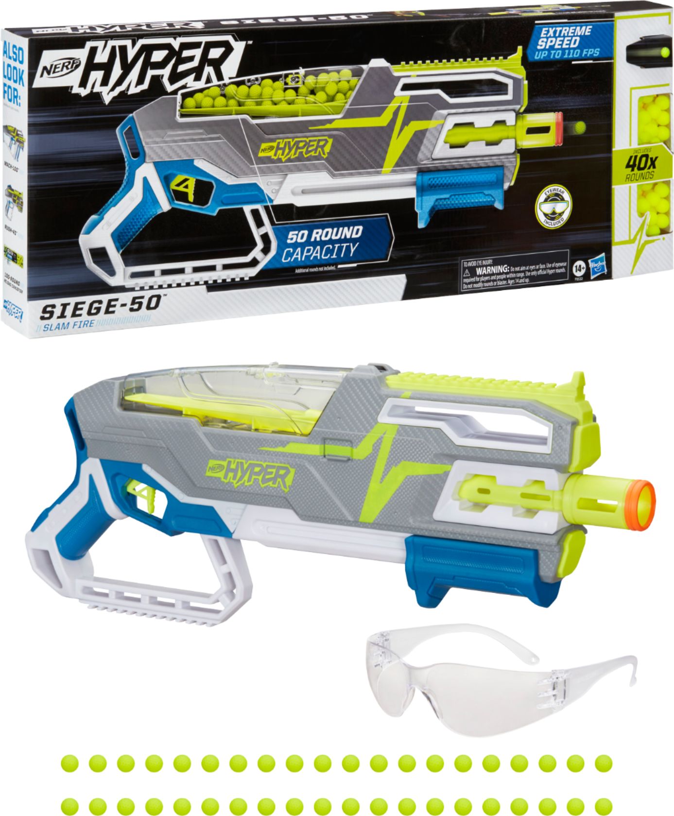 Nerf Hyper Siege-50 Pump-Action Blaster and 40 Nerf Hyper Rounds, 110 FPS Velocity