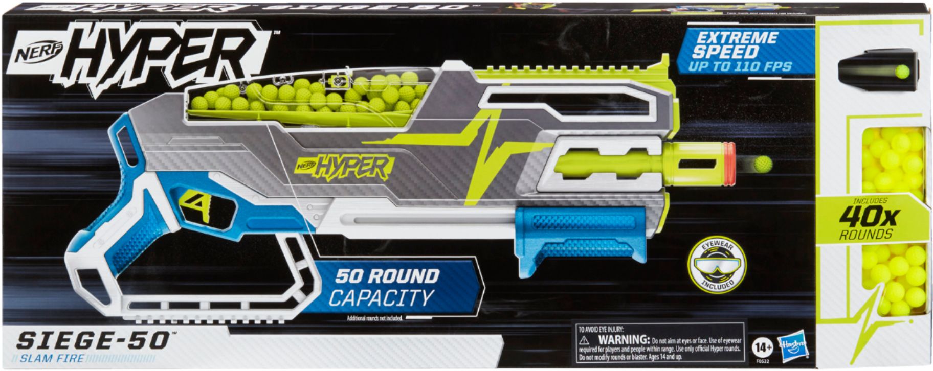 Nerf Hyper Bundle, Siege-50 Pump-Action Blaster, 65 Nerf Hyper Rounds