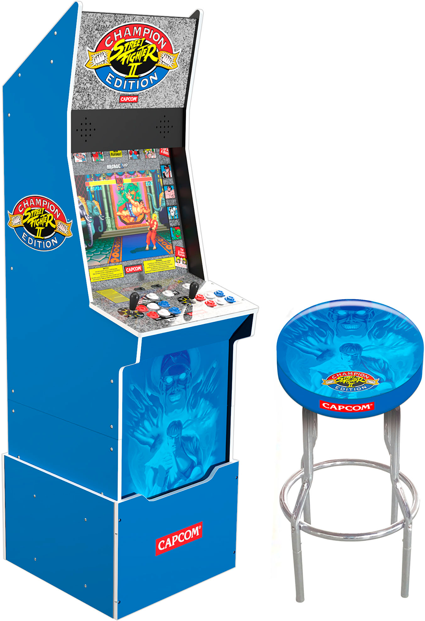 Arcade1Up - Street Fighter II Big Blue Arcade with Stool, Riser, Lit Deck & Lit Marquee