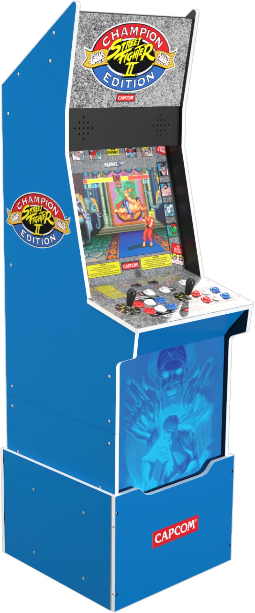 Arcade1Up - Street Fighter II Big Blue Arcade with Stool, Riser, Lit Deck & Lit Marquee