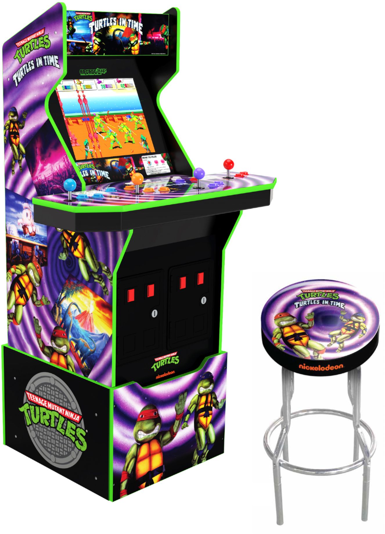 Arcade1Up - Turtles In Time Arcade with Stool, Riser, Lit Deck & Lit Marquee