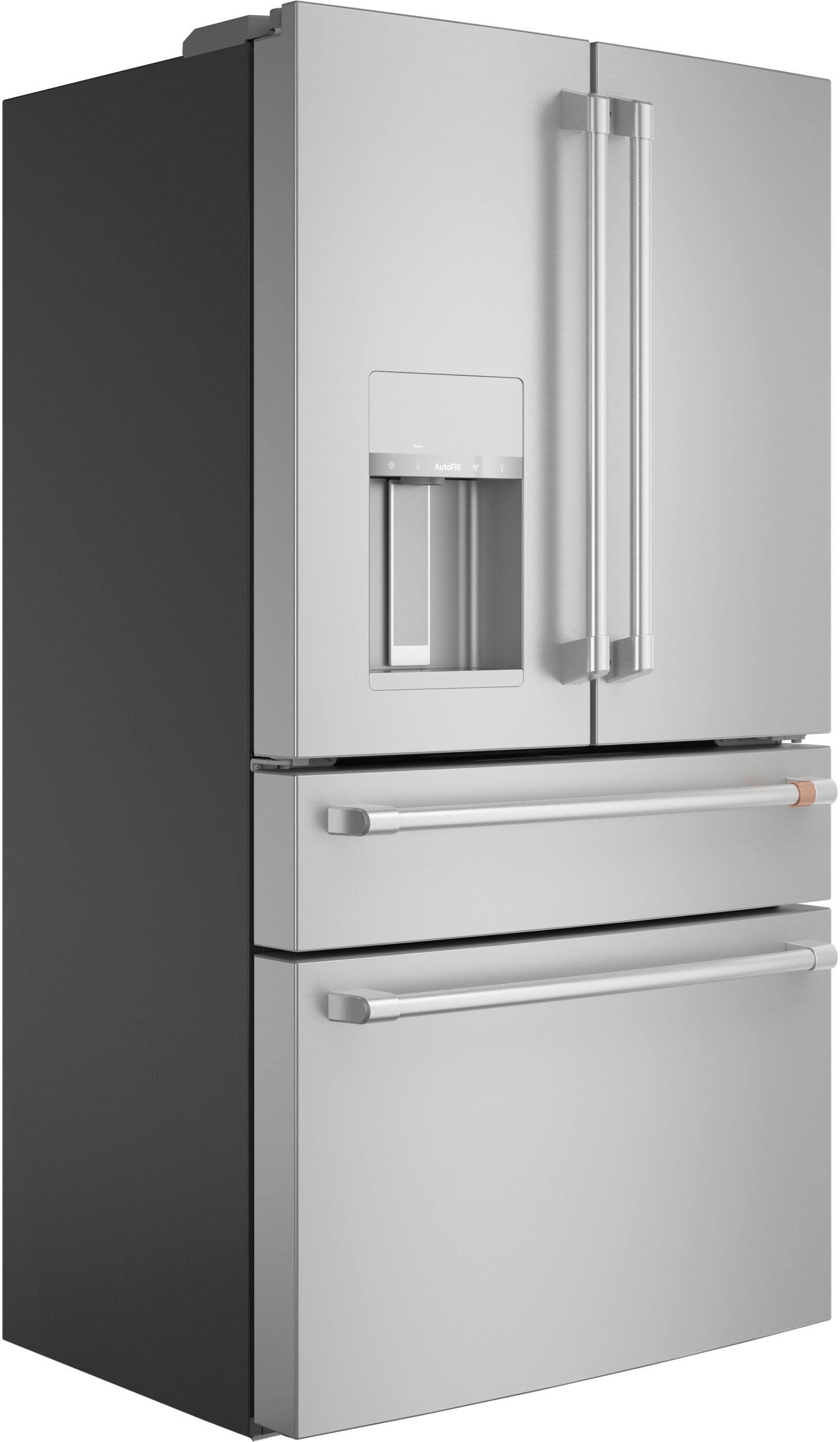 Angle. Café - 22.3 Cu. Ft. 4-Door French Door Counter-Depth Smart Refrigerator, Customizable - Stainless Steel.