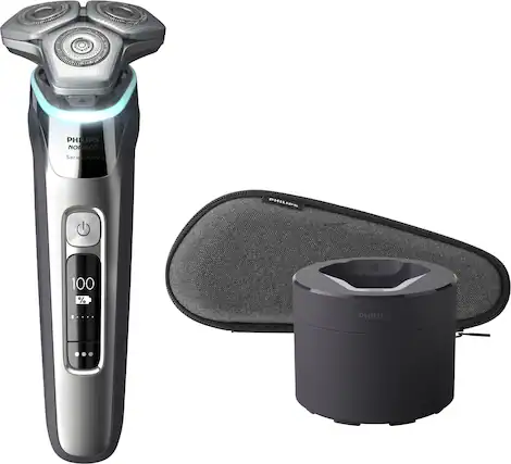Angle. Philips Norelco - 9500 Rechargeable Wet/Dry Electric Shaver with Quick Clean, Travel Case, and Pop up Trimmer - Silver.