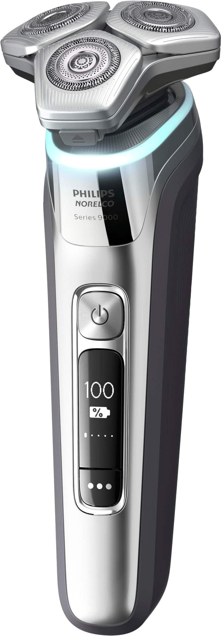 Left. Philips Norelco - 9500 Rechargeable Wet/Dry Electric Shaver with Quick Clean, Travel Case, and Pop up Trimmer - Silver.