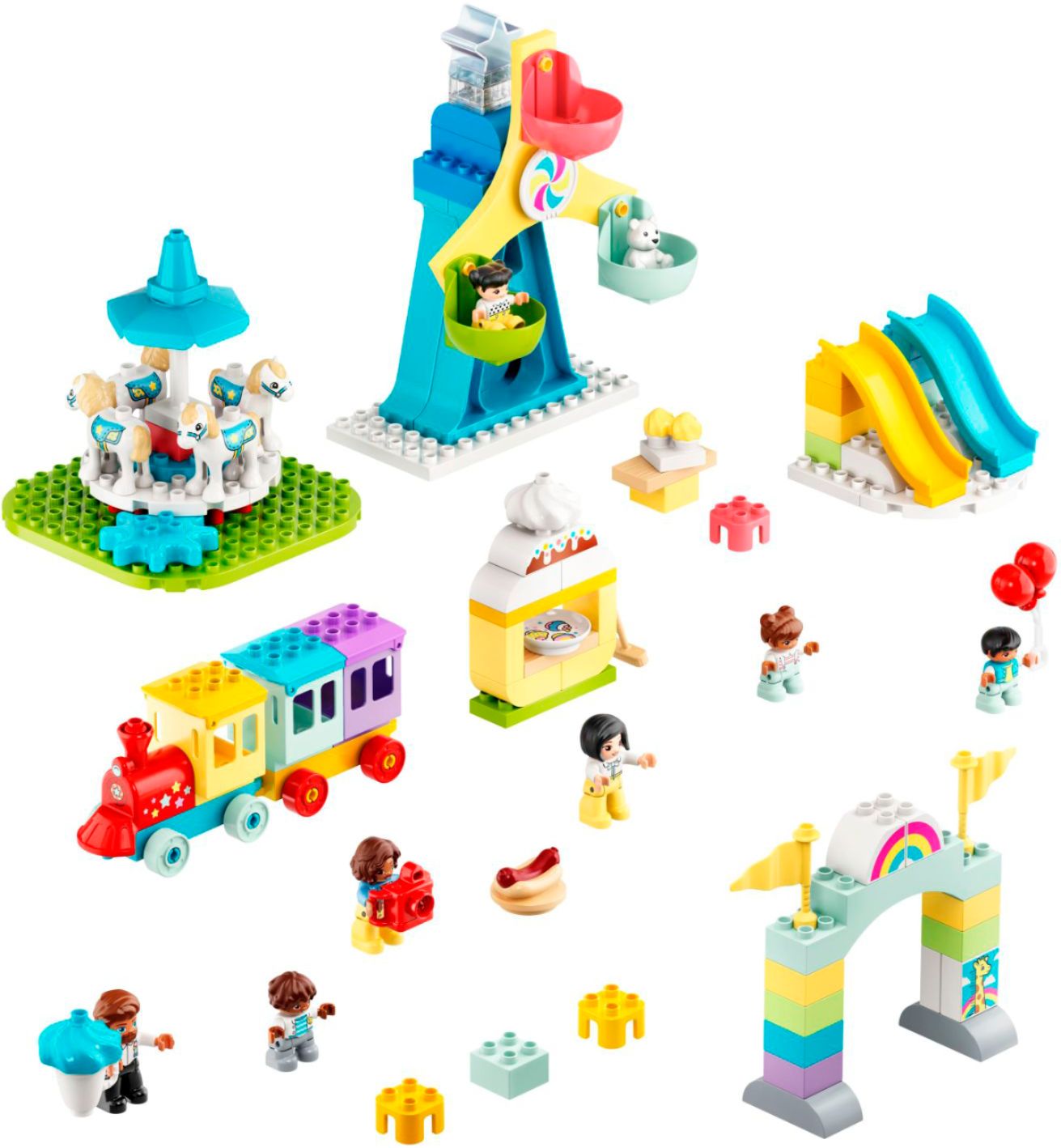 Left View: LEGO DUPLO Town Amusement Park Fairground 10956 Building Set - Featuring 7 Duplo Figures, Trains, Slides, Carousel, and a Ferris Wheel, Educational Learning Toy and Playset for Toddlers Ages 2+