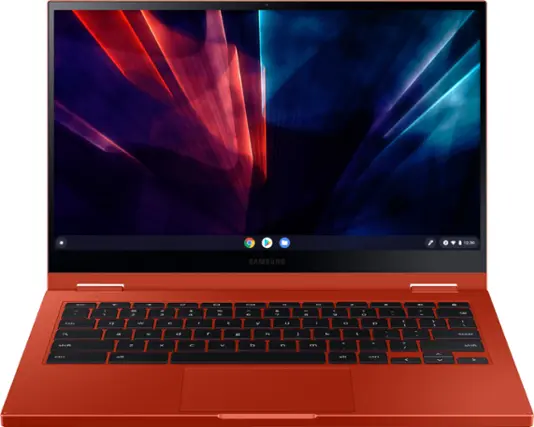 Front. Samsung - Geek Squad Certified Refurbished Galaxy Chromebook 2 - 13.3" QLED Touch-Screen - Intel Core i3 - 8GB Memory - 128GB eMMC - Fiesta Red.