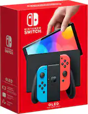 Front. Nintendo - Switch – OLED Model w/ Neon Red & Neon Blue Joy-Con - Multi.