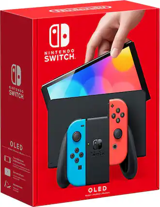 Front. Nintendo - Switch – OLED Model w/ Neon Red & Neon Blue Joy-Con - Multi.