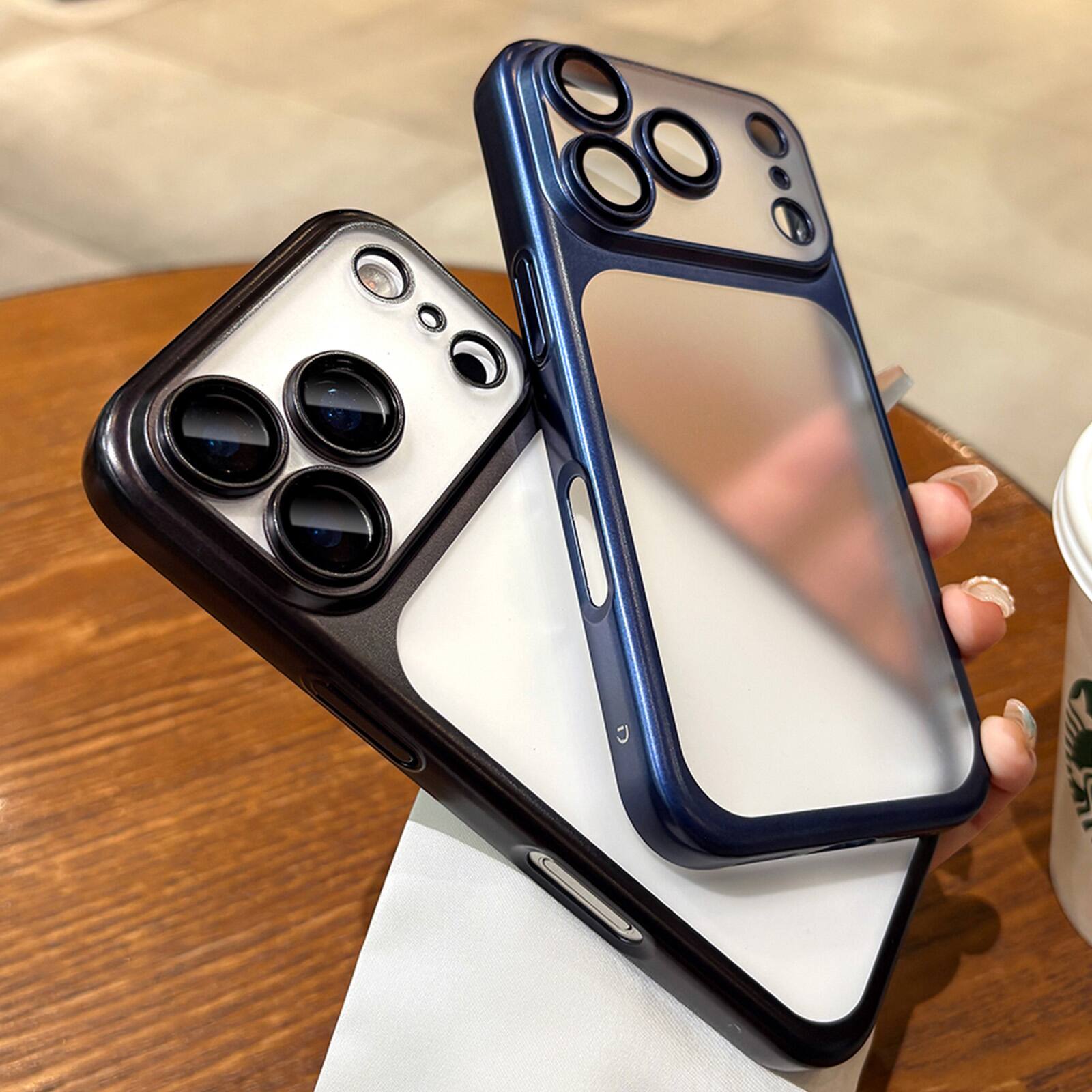 Left. Dteck - Plating Matte Case For iPhone 18 Pro Max with Camera Lens Screen Protector, Shockproof Frosted Translucent Cover - Black.