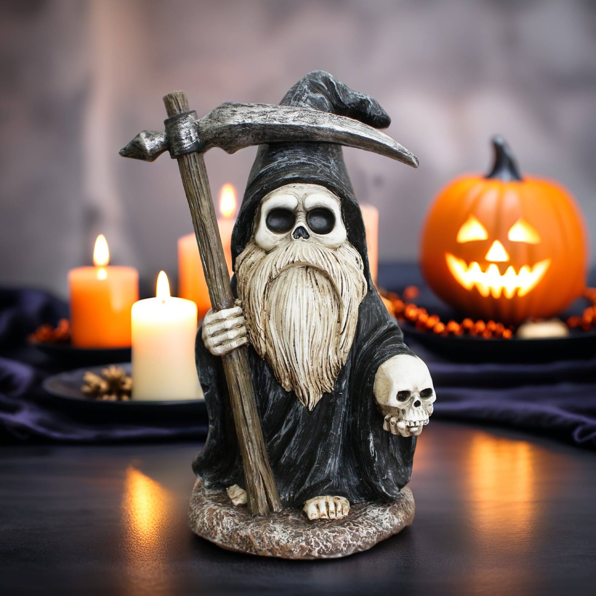 Back. OrnamentallyYou - Grim Reaper Gnome Figurine 7", Gothic Occult Statue Yard Decoration - Black.