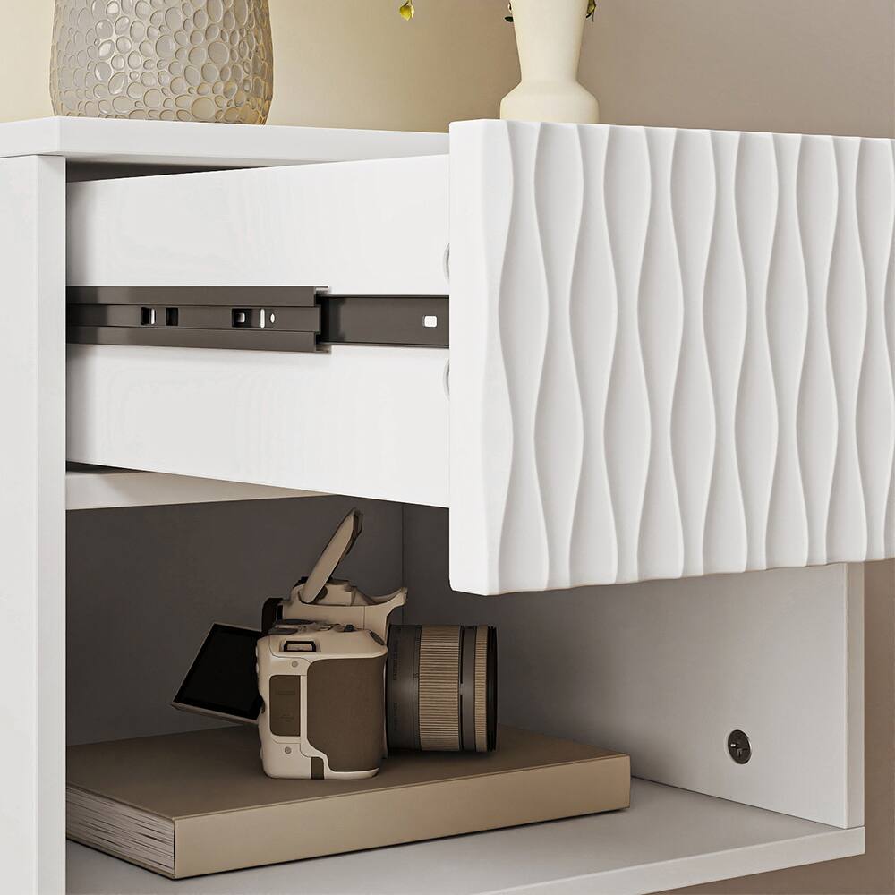 Alt View 7. Spaco - Spaco Set of 2 Wall-Mounted Nightstands, Floating Bedside Cabinet with Drawer, Open Shelf and Carved Surface for Bedroom - White.