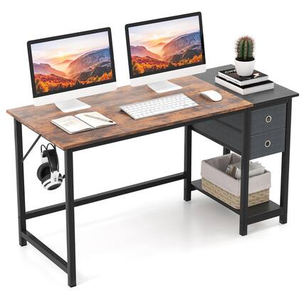 Front. Gymax - Gymax 55-Inch Home Office Desk Computer Workstation w/2 Drawers Rustic Brown & Black - Rustic Brown, Black.