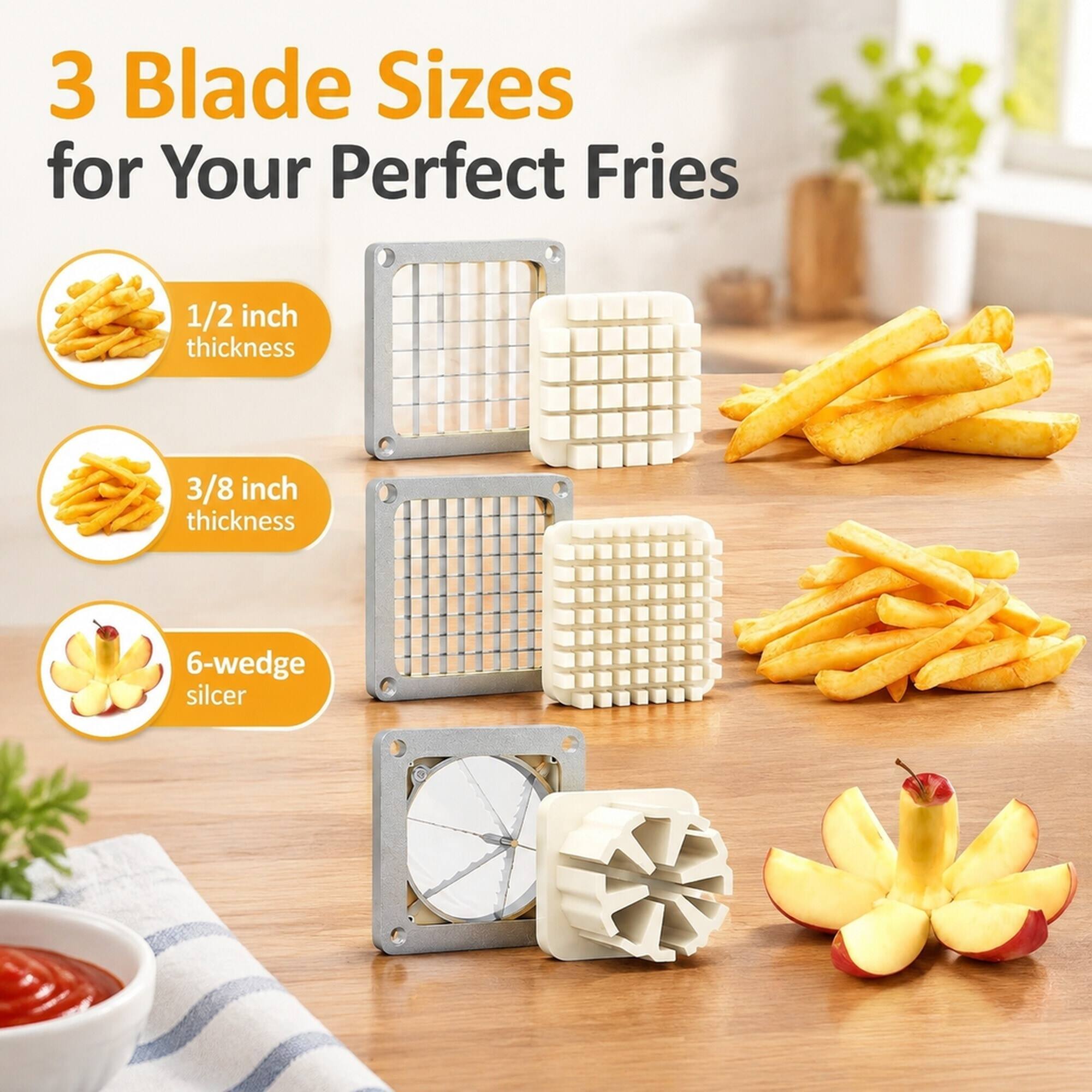 3 Blade Sizes for Your Perfect Fries
1/2 inch thickness
3/8 inch thickness
6-wedge slicer