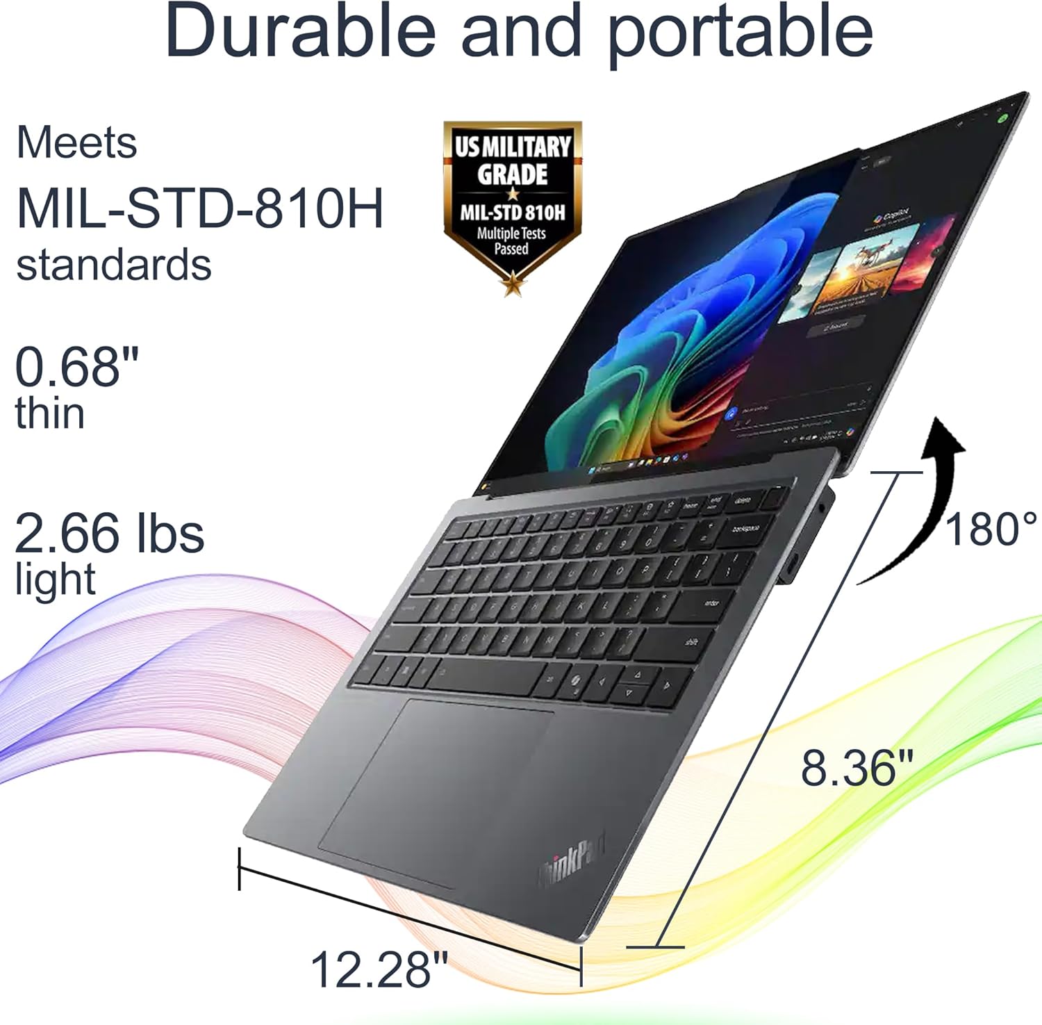 Durable and portable  
Meets US MILITARY GRADE MIL-STD-810H standards  
0.68" thin  
2.66 lbs light  
8.36"  
12.28"