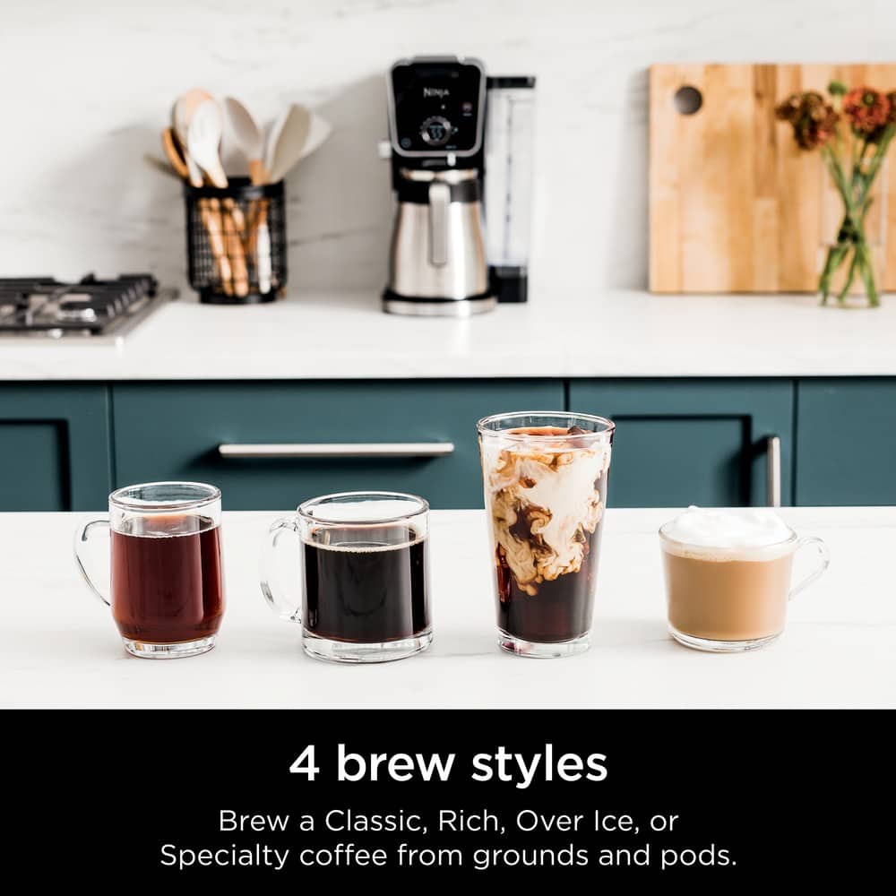 4 brew styles: Brew a Classic, Rich, Over Ice, or Specialty coffee from grounds and pods.