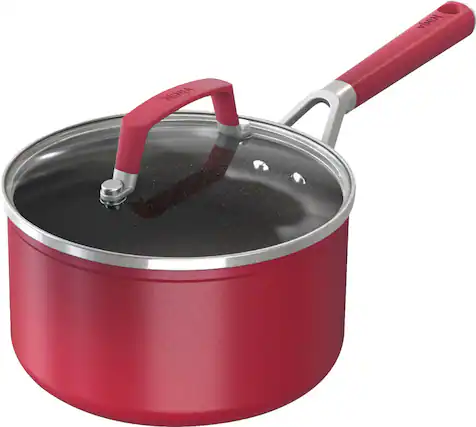 Angle. Ninja - Foodi NeverStick Vivid 2 1/2-Quart Saucepan with Glass Lid - Crimson Red.