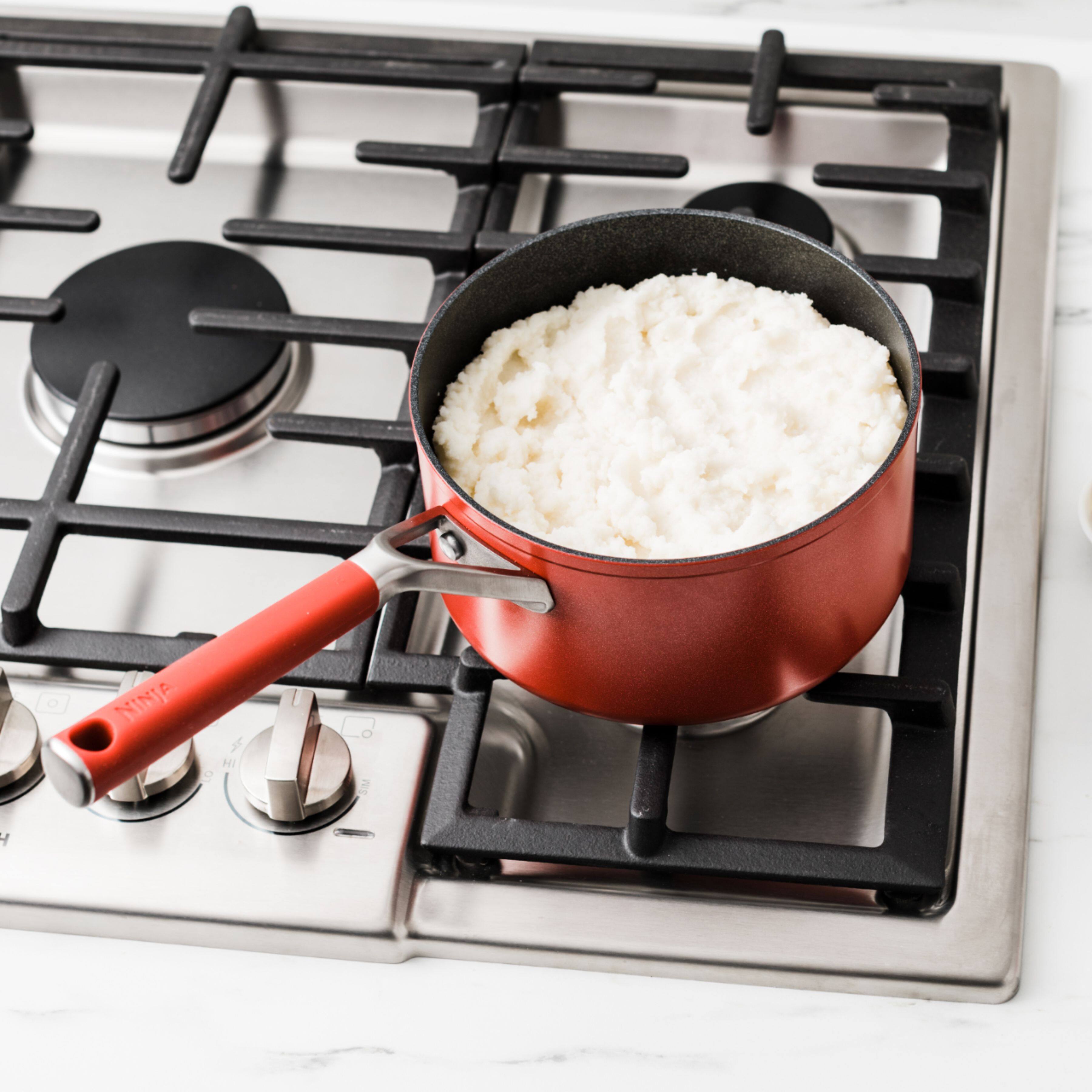 Left. Ninja - Foodi NeverStick Vivid 2 1/2-Quart Saucepan with Glass Lid - Crimson Red.