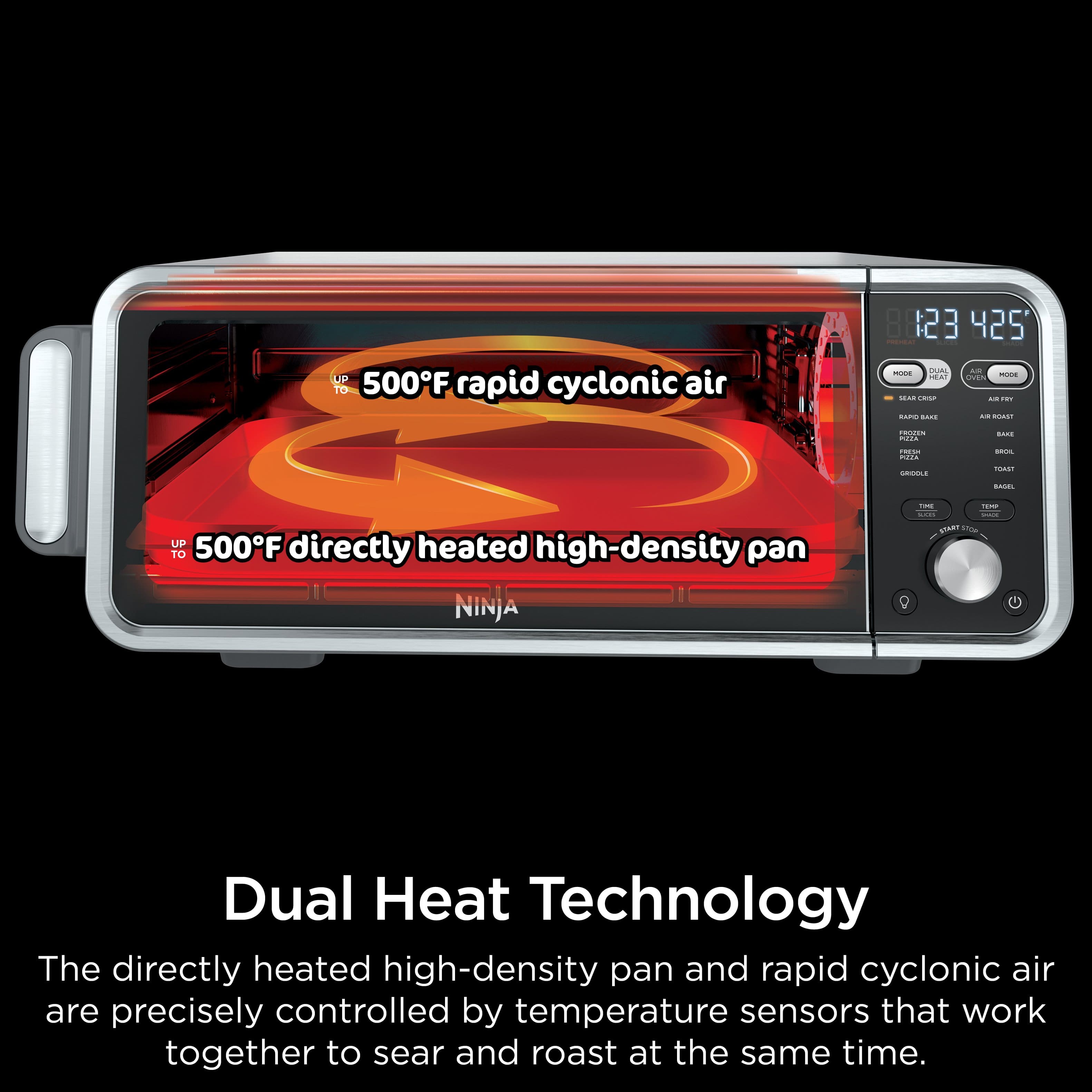 Dual Heat Technology: The directly heated high-density pan and rapid cyclonic air are precisely controlled by temperature sensors that work together to sear and roast at the same time.