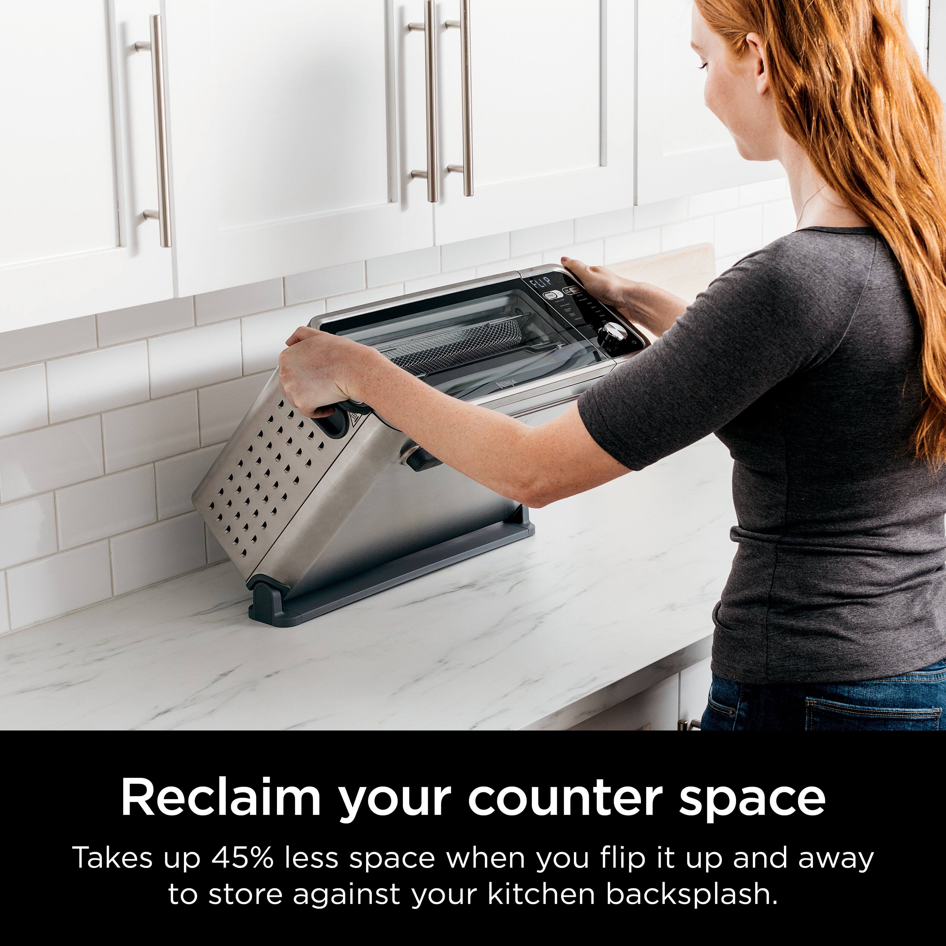 Reclaim your counter space by using a device that takes up 45% less space when it is flipped up and away to store against your kitchen backsplash.